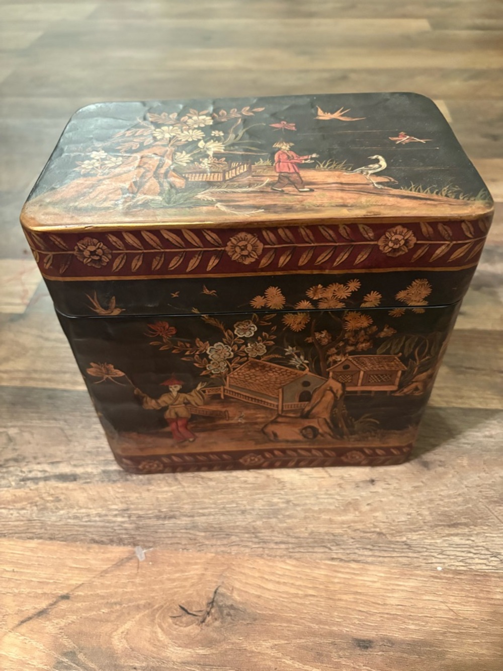 Hand-Painted Black and Gold Decorative Tea Tin - Vintage-Inspired Home Accent